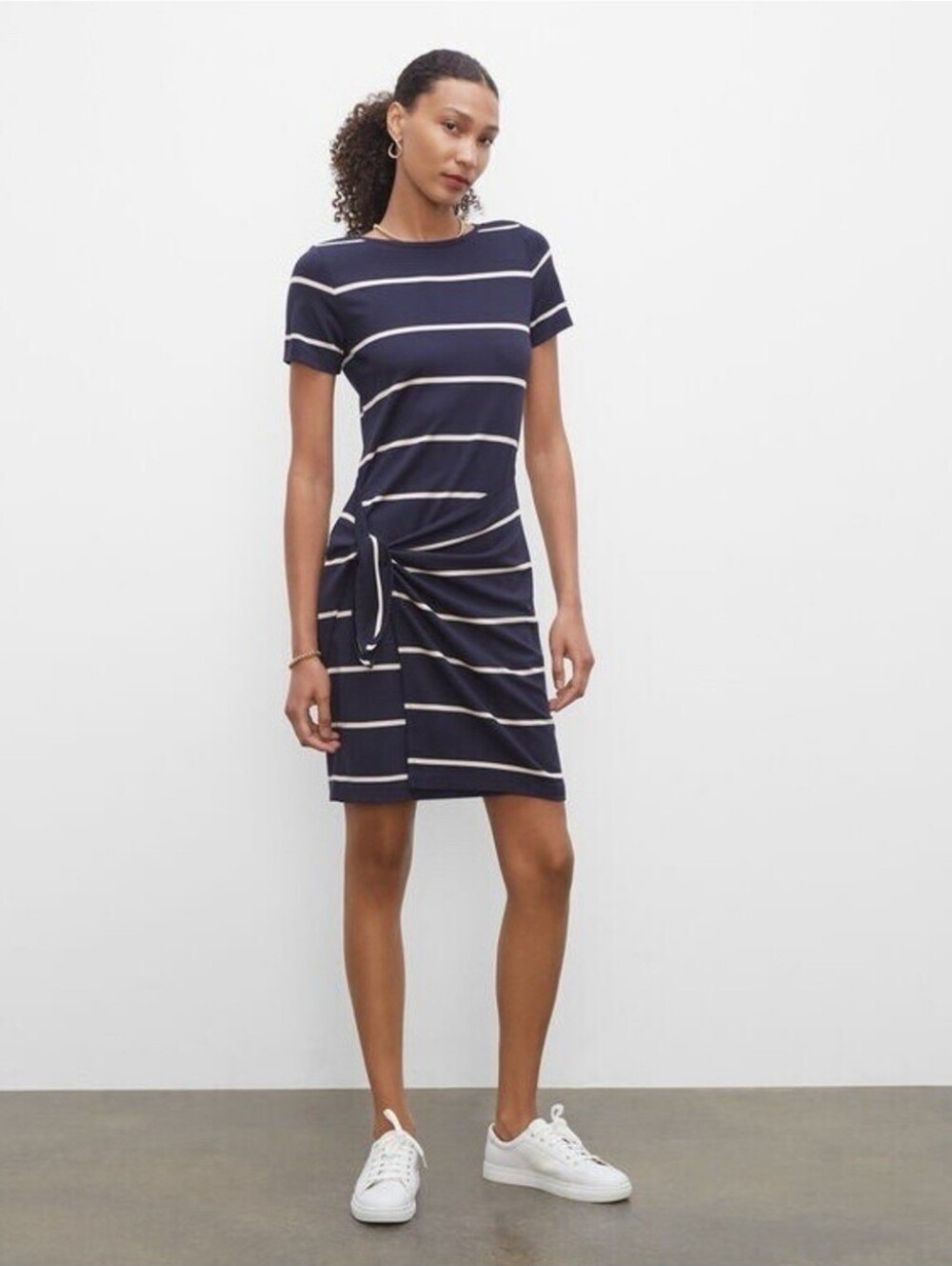 Club Monaco Navy and White Striped Tie-Waist Midi Dress